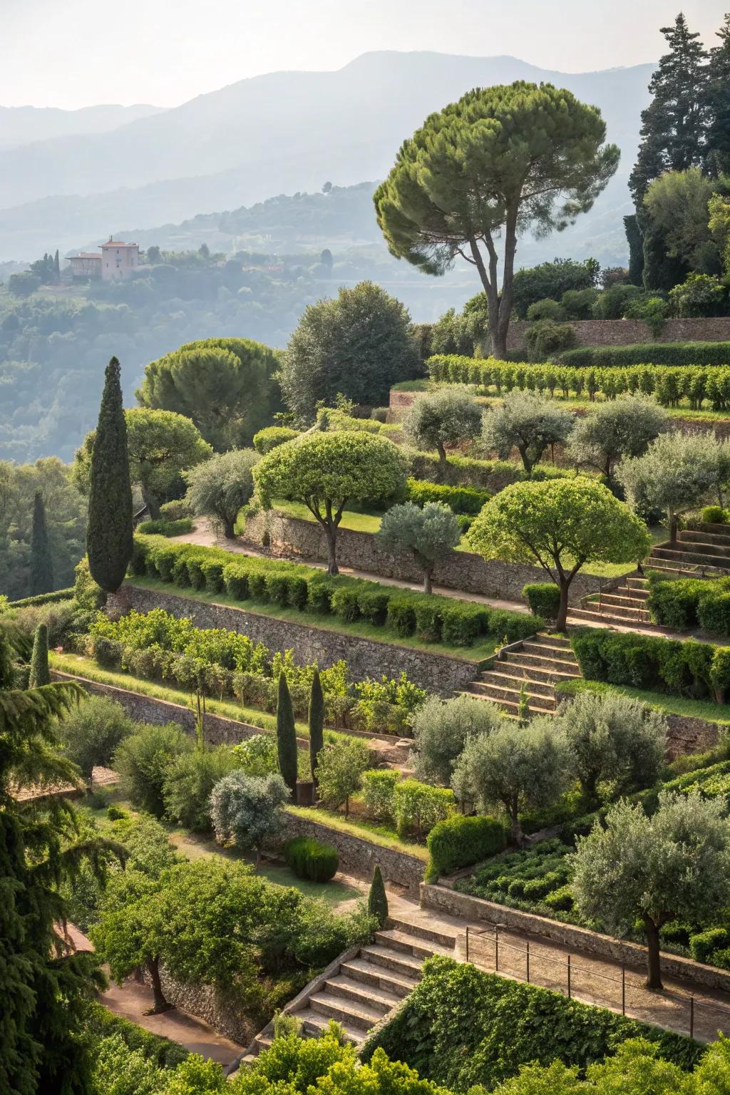Terraced garden beds showcasing trees as focal points.