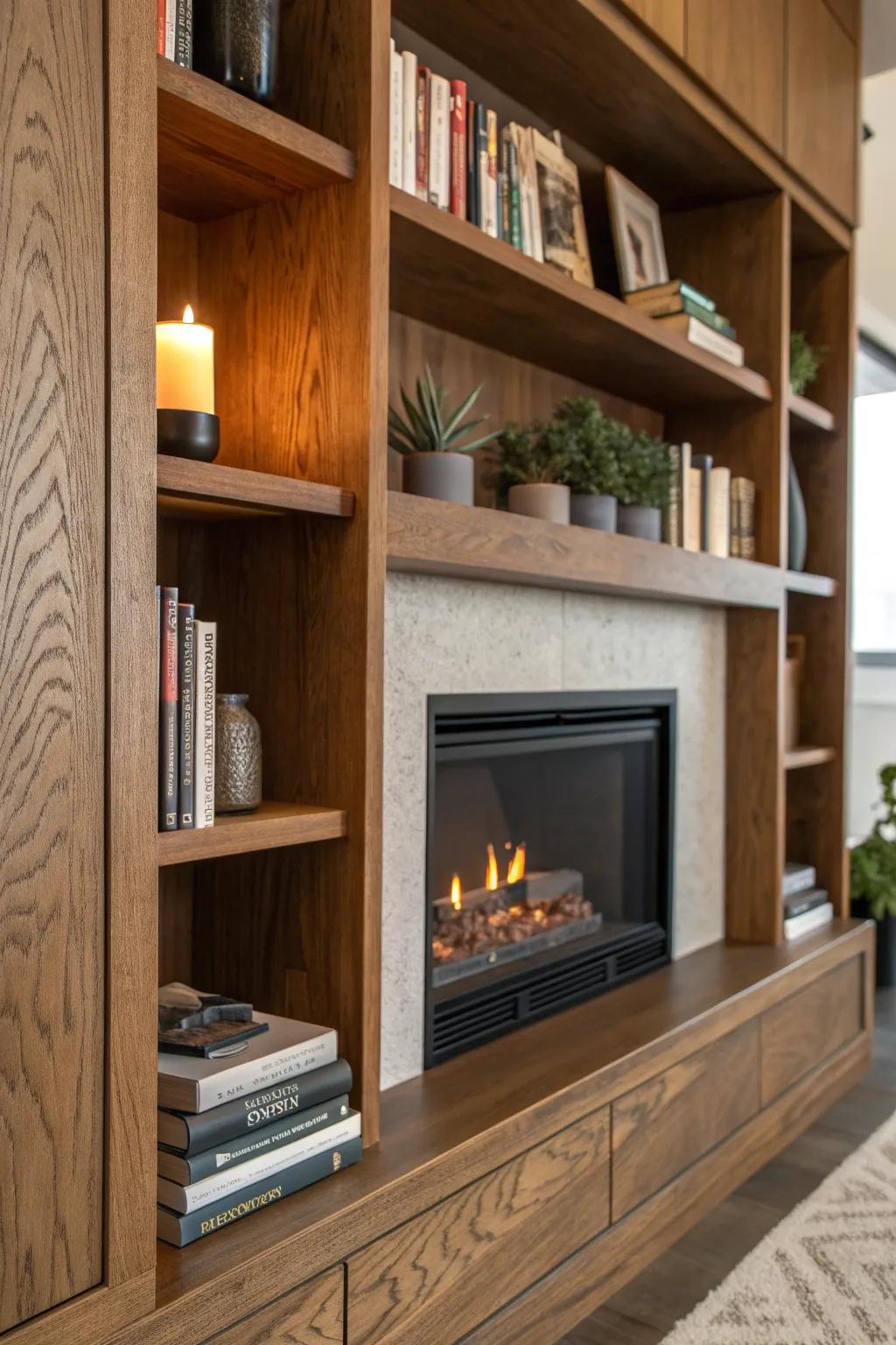 Transform your fireplace into a stylish library corner with expertly crafted wooden shelves.
