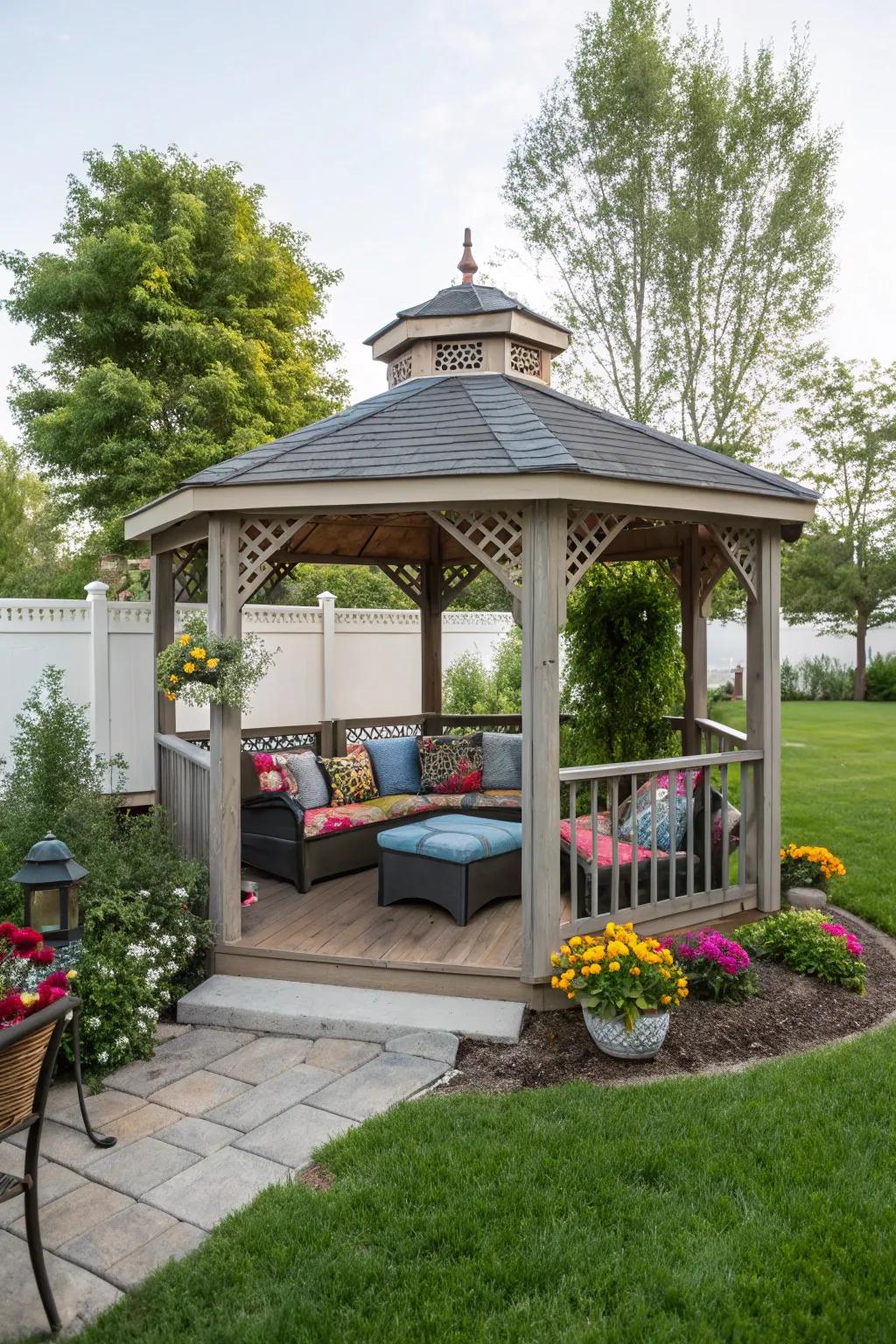 A cozy seating area invites relaxation in this gazebo.