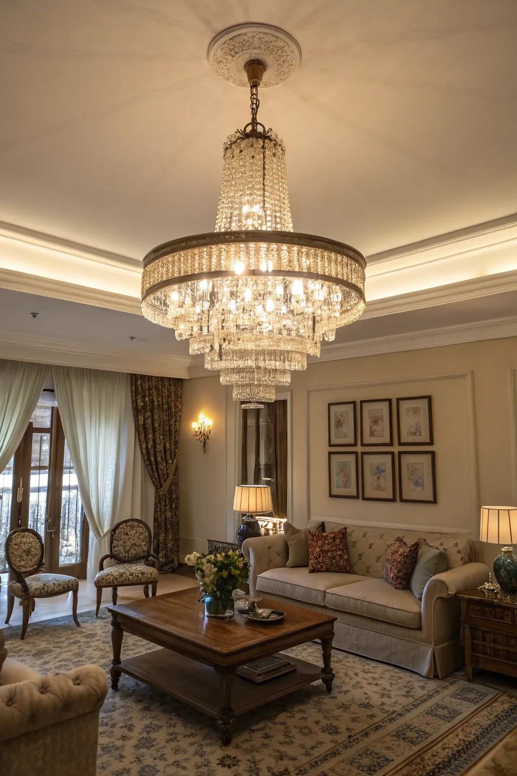 A shimmering chandelier incorporates drama and refinement to a sophisticated living space.