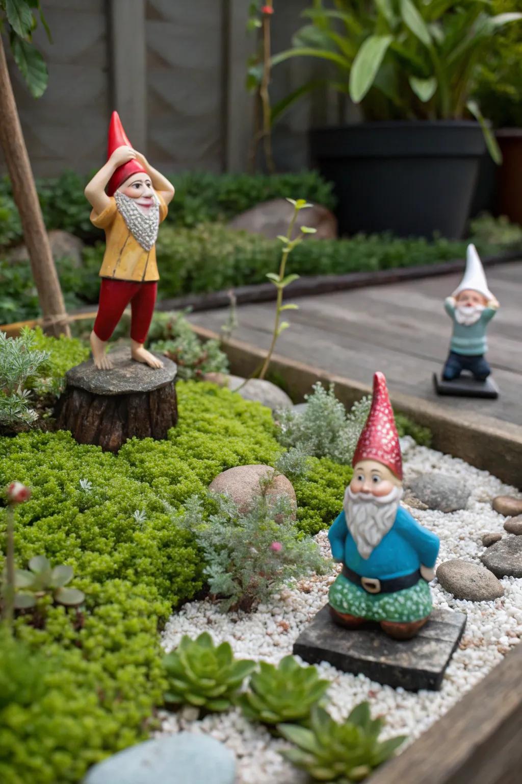 A tranquil gnome contemplation zone nestled in nature.
