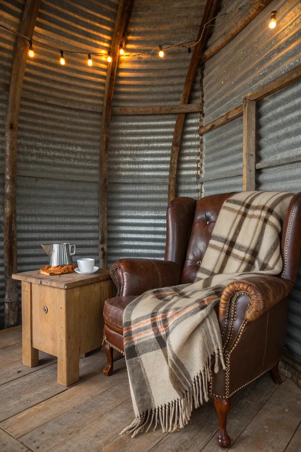 Ultimate Relaxation: A Cozy Corner in a Grain Bin Gazebo.