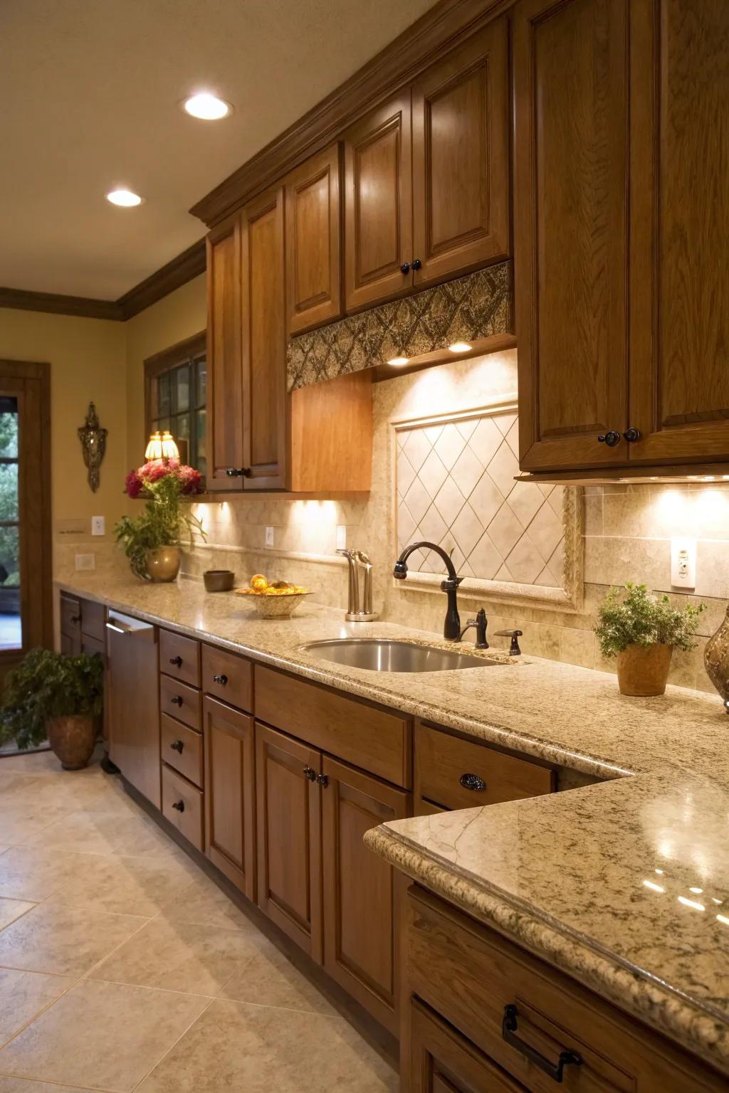 Sandstone granite crafts a warm, welcoming culinary space.