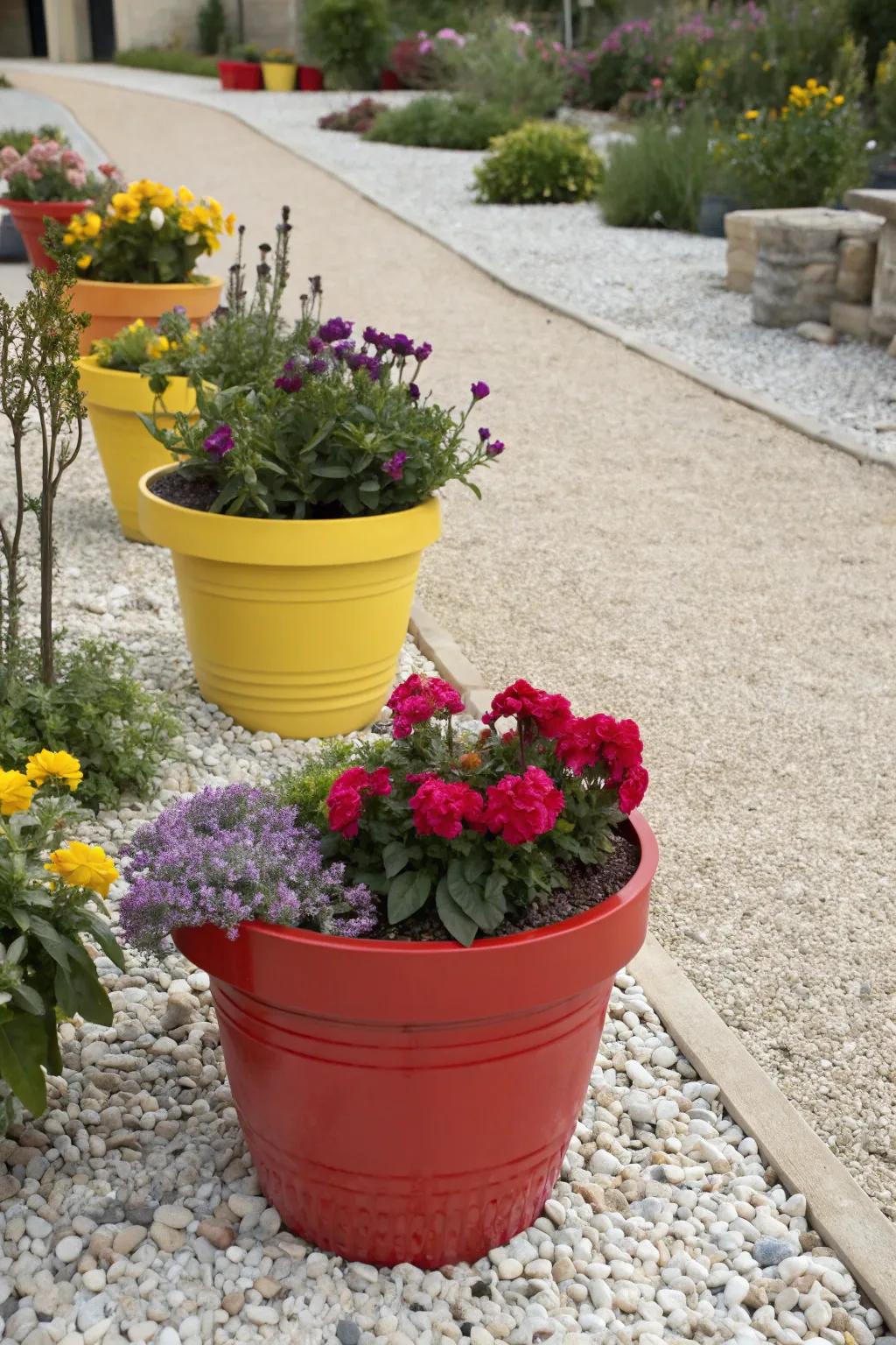 Colorful pots bring life to the neutral backdrop of gravel.