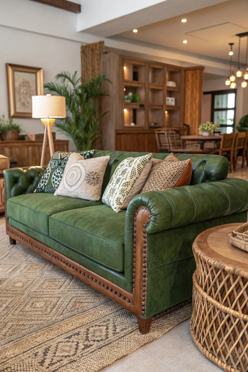 The blending of textures enhances the overall sensory experience of a living room with a green couch.