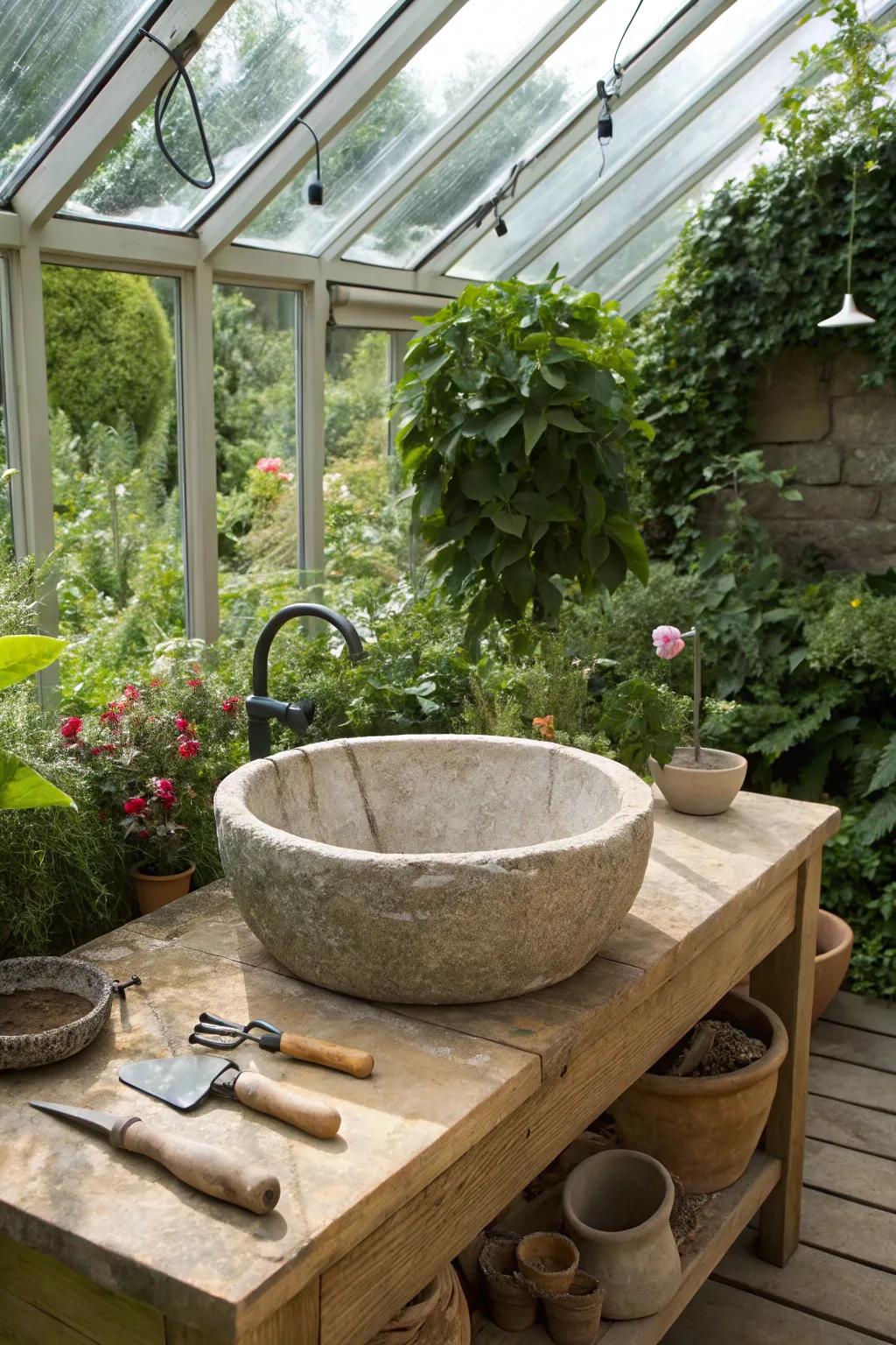 A refined stone sink radiates sophistication and complements the surrounding natural environment.