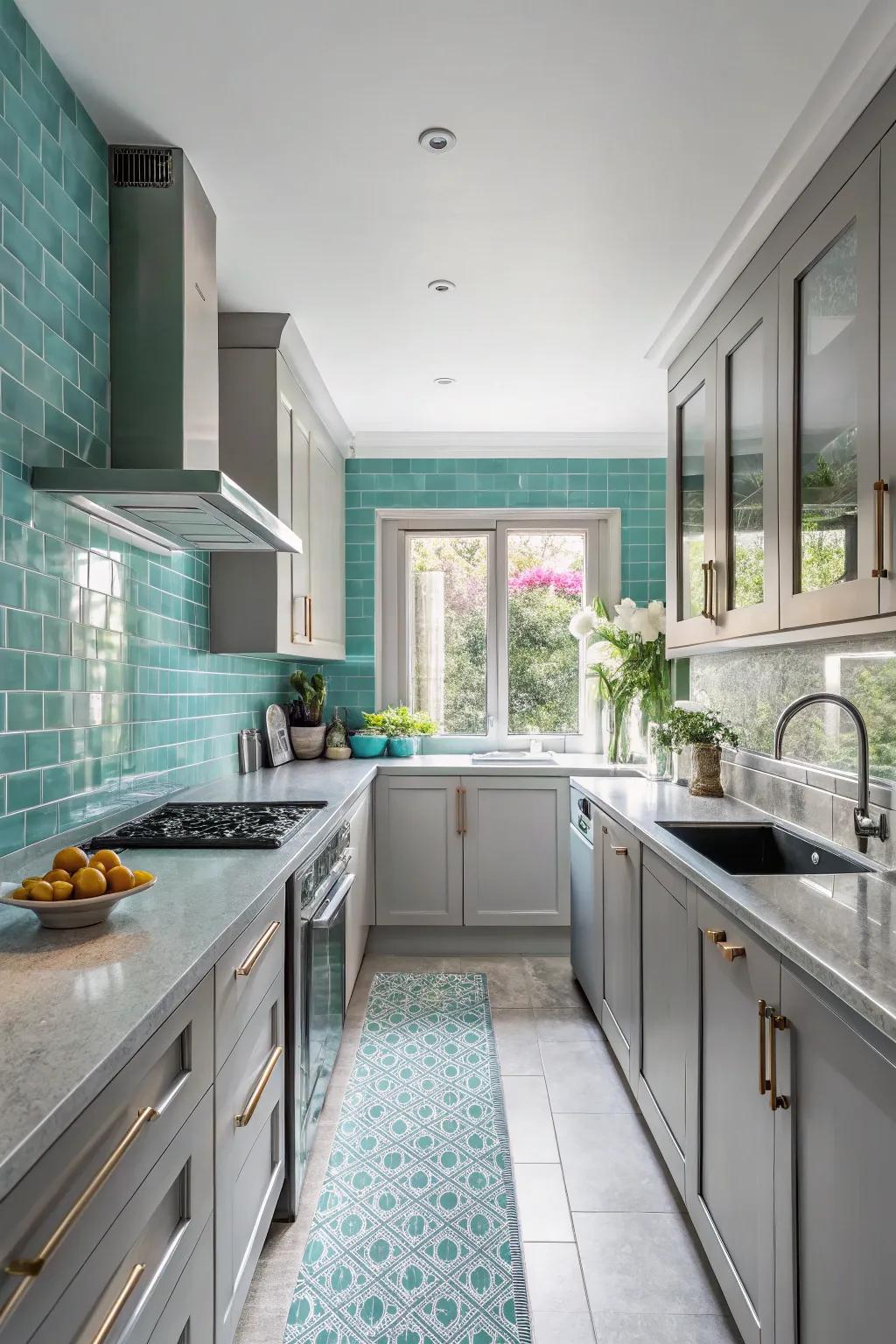 An aqua backsplash contributes both color and depth to a kitchen dominated by shadow hues.