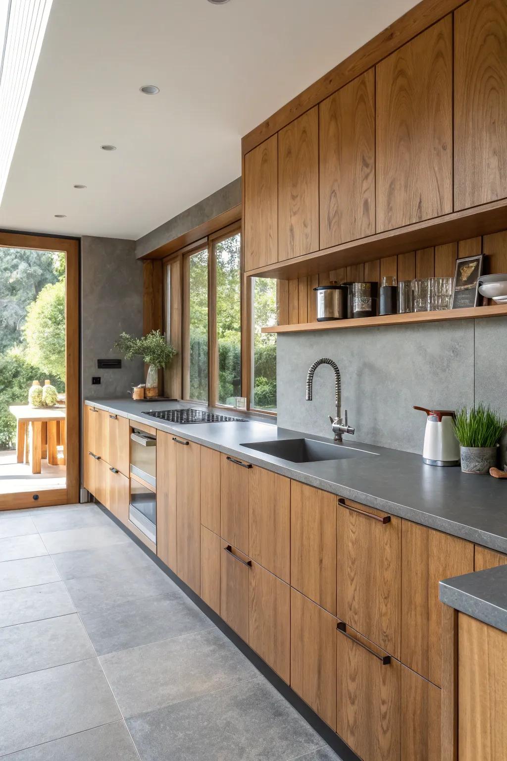 A kitchen boasts textured grey worktops paired with inviting accents.