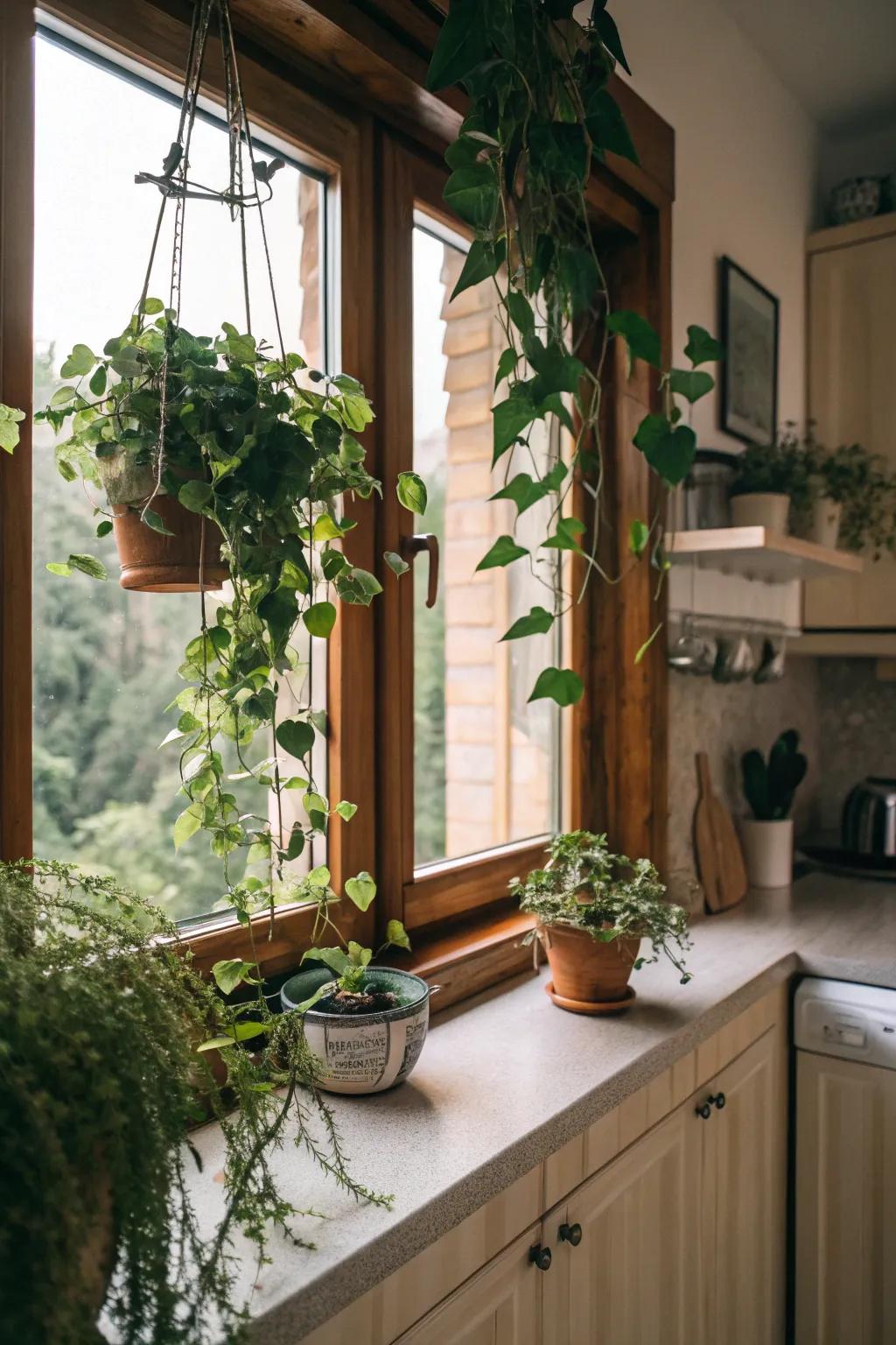 Enhance views and plant health with window hanging plants.