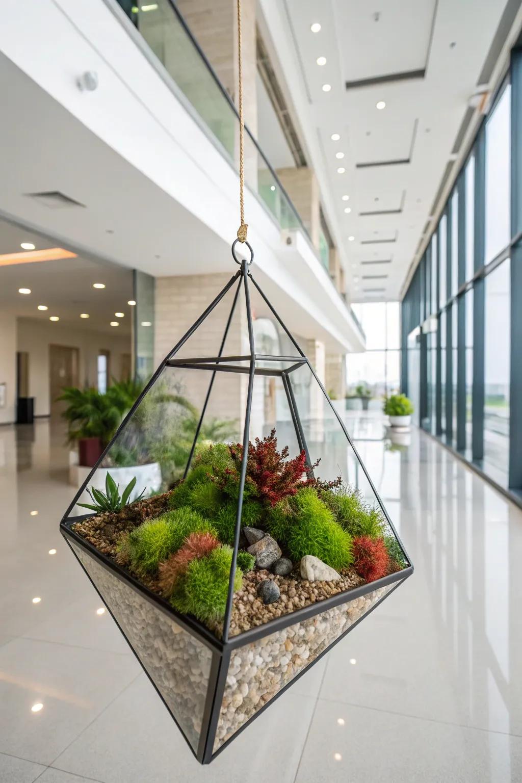 Multi-faceted planter filled with vibrant moss for a contemporary style.