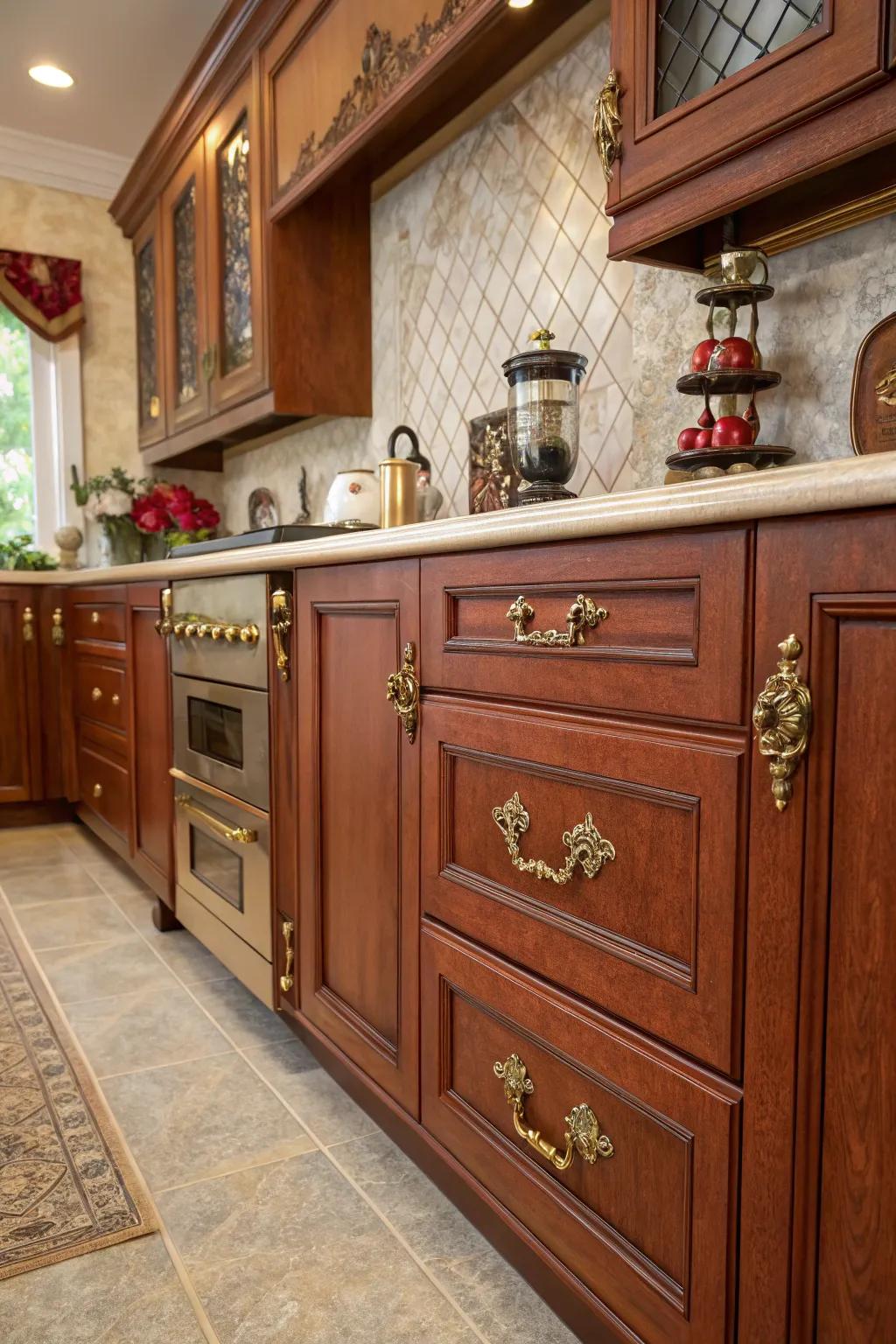 Ornate bronze pulls evoke a sense of nostalgia and charm.