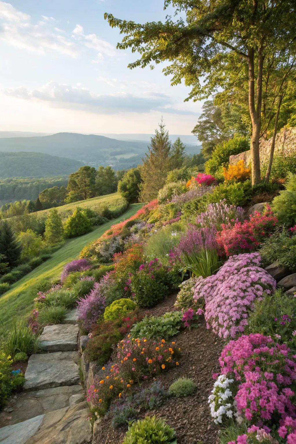 A spectrum of vibrant plants can change a hillside into a lively garden.