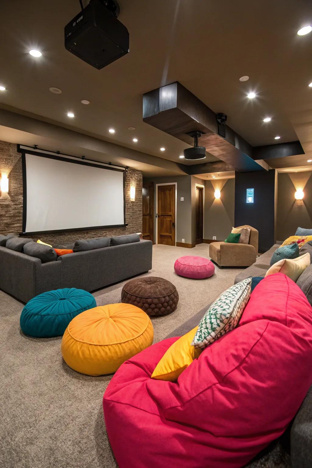Bean bags bring a playful and relaxed vibe to your home theater.