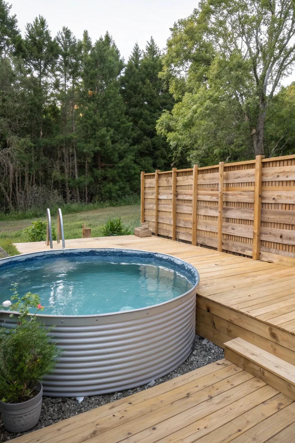 A semi-in-ground pool with a deck for a sleek finish.