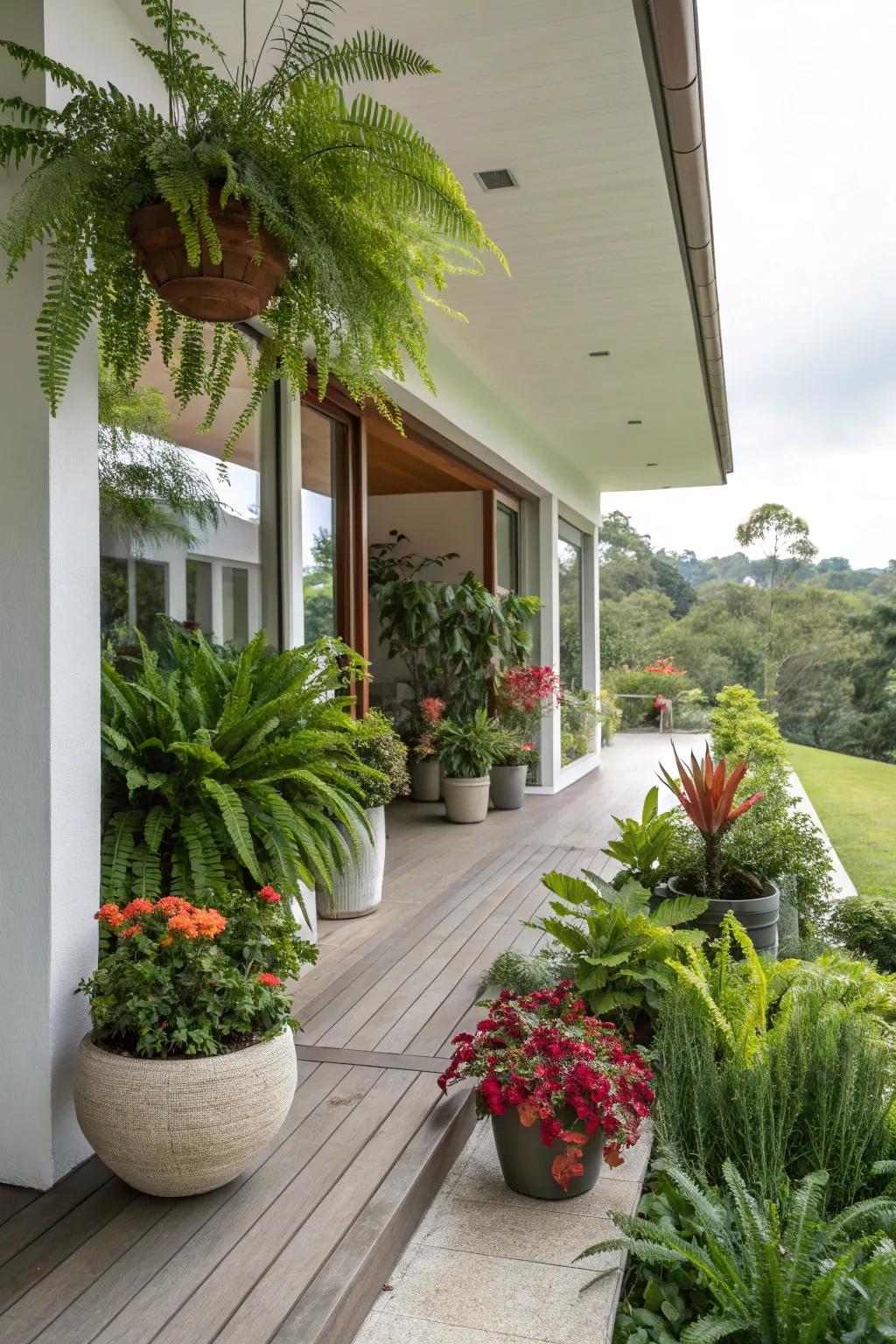 Rich plant life enlivens this modern porch environment.