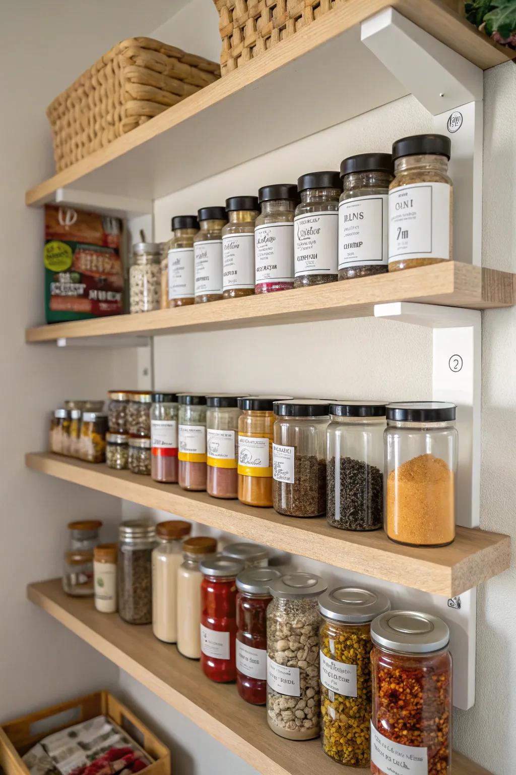 Multi-level shelf elevators maximize space for seasonings and jars.