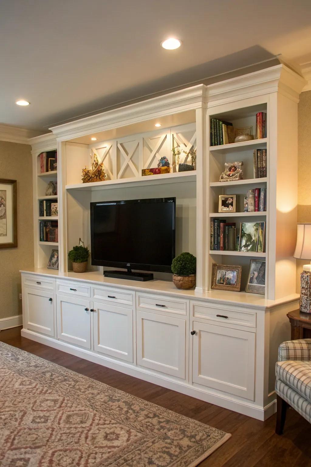 Built-in cabinetry provides a polished and functional under-TV space.