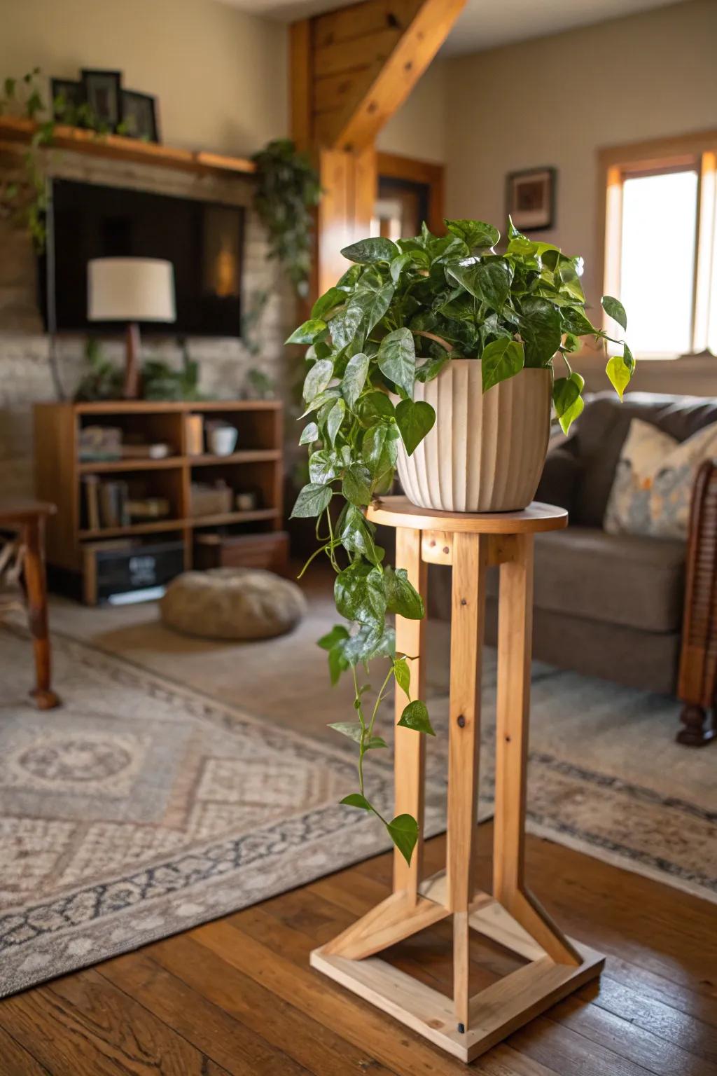 Enhance rustic charm with wooden stands for pothos.