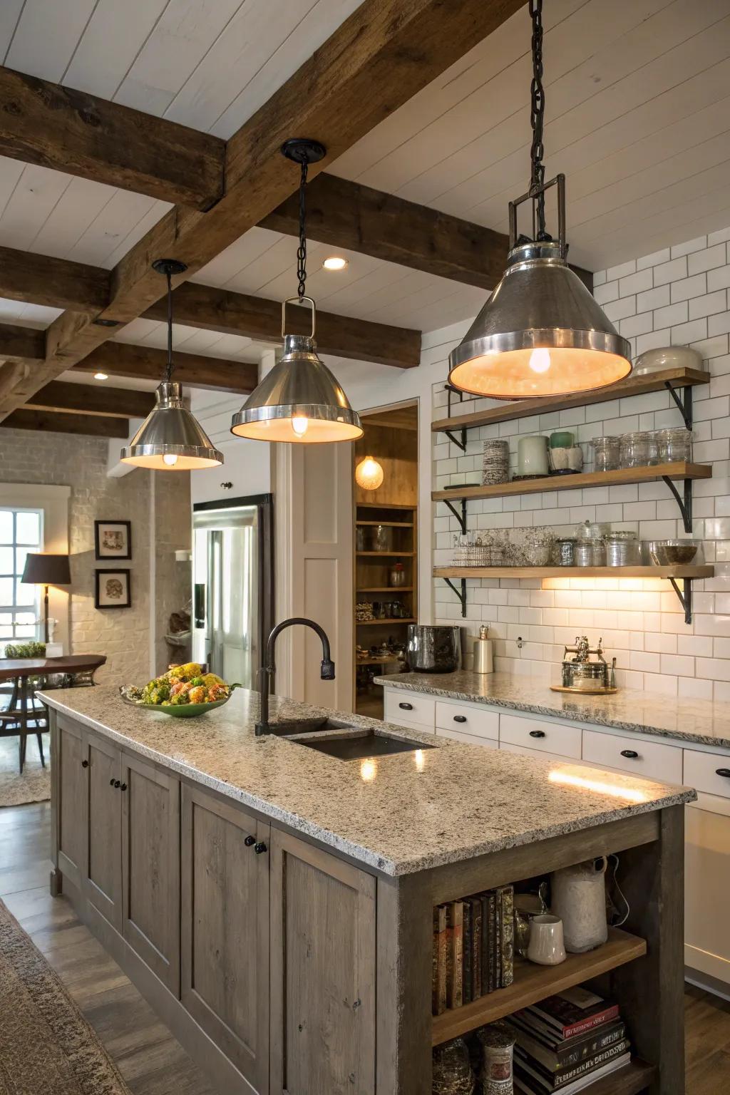 Metallic pendant lights bring industrial flair to this farmhouse kitchen.
