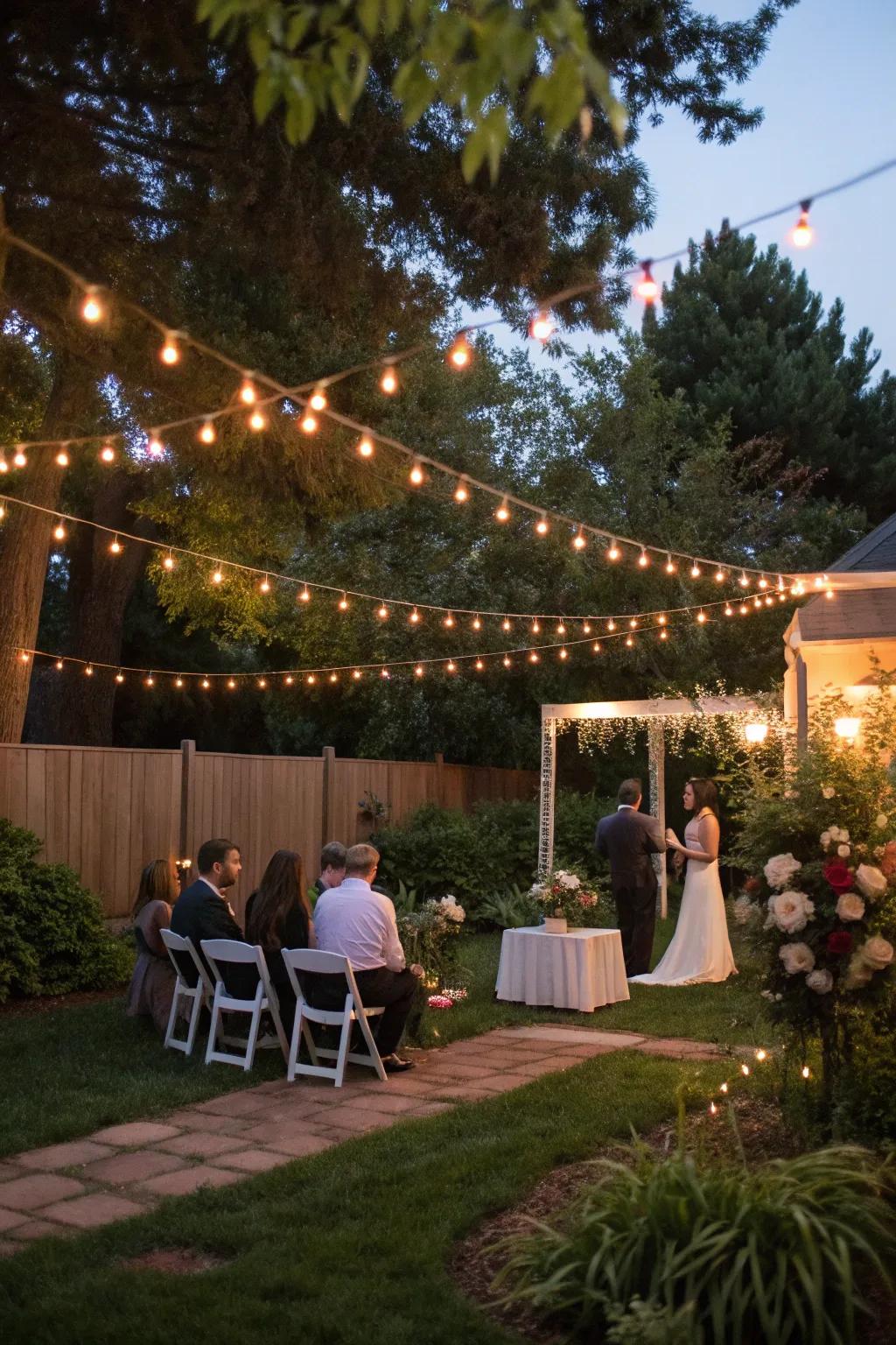Filament strands spreading a warm glow over a backyard wedding.