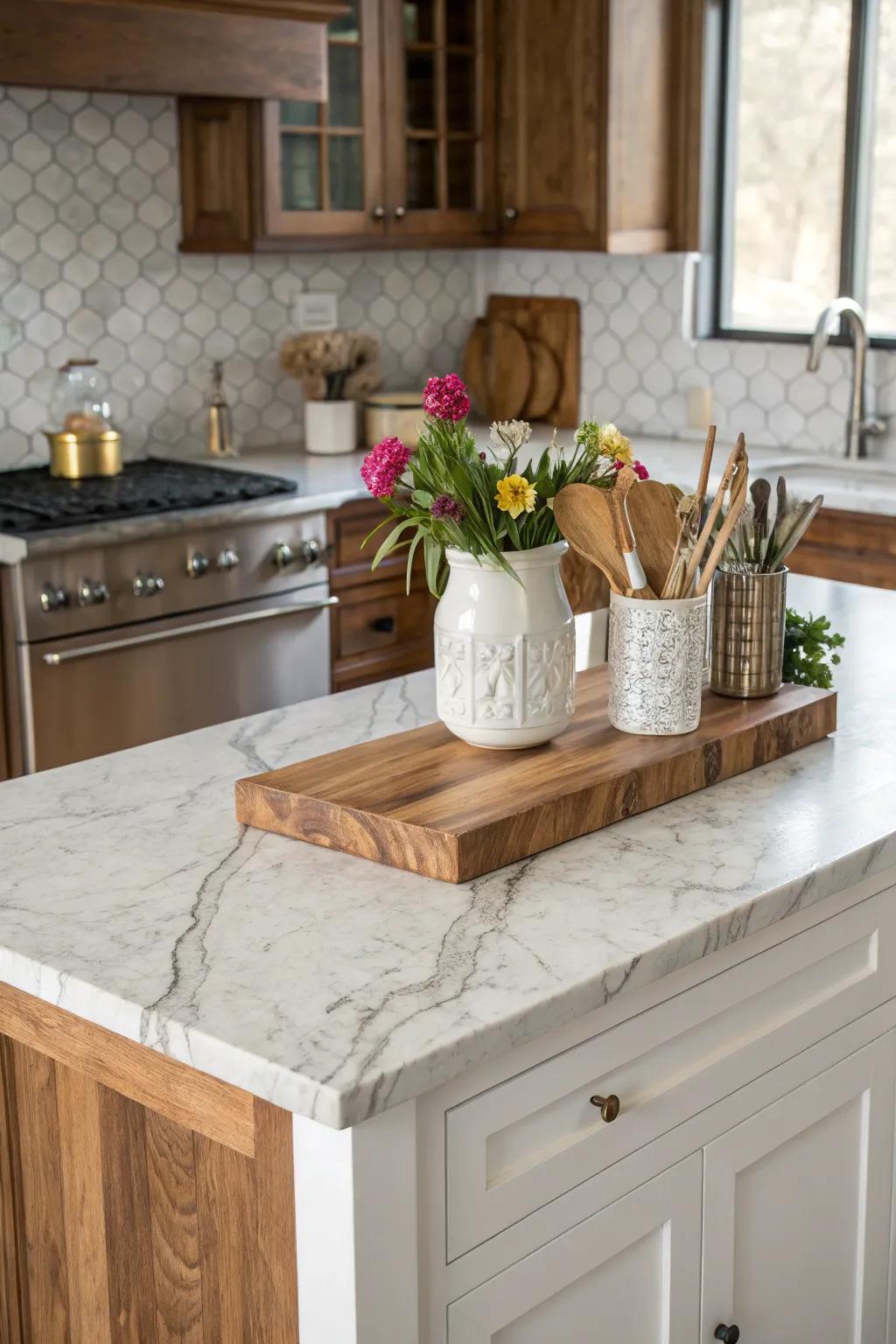 Combining different materials introduces both functionality and striking visual intrigue to your kitchen island.