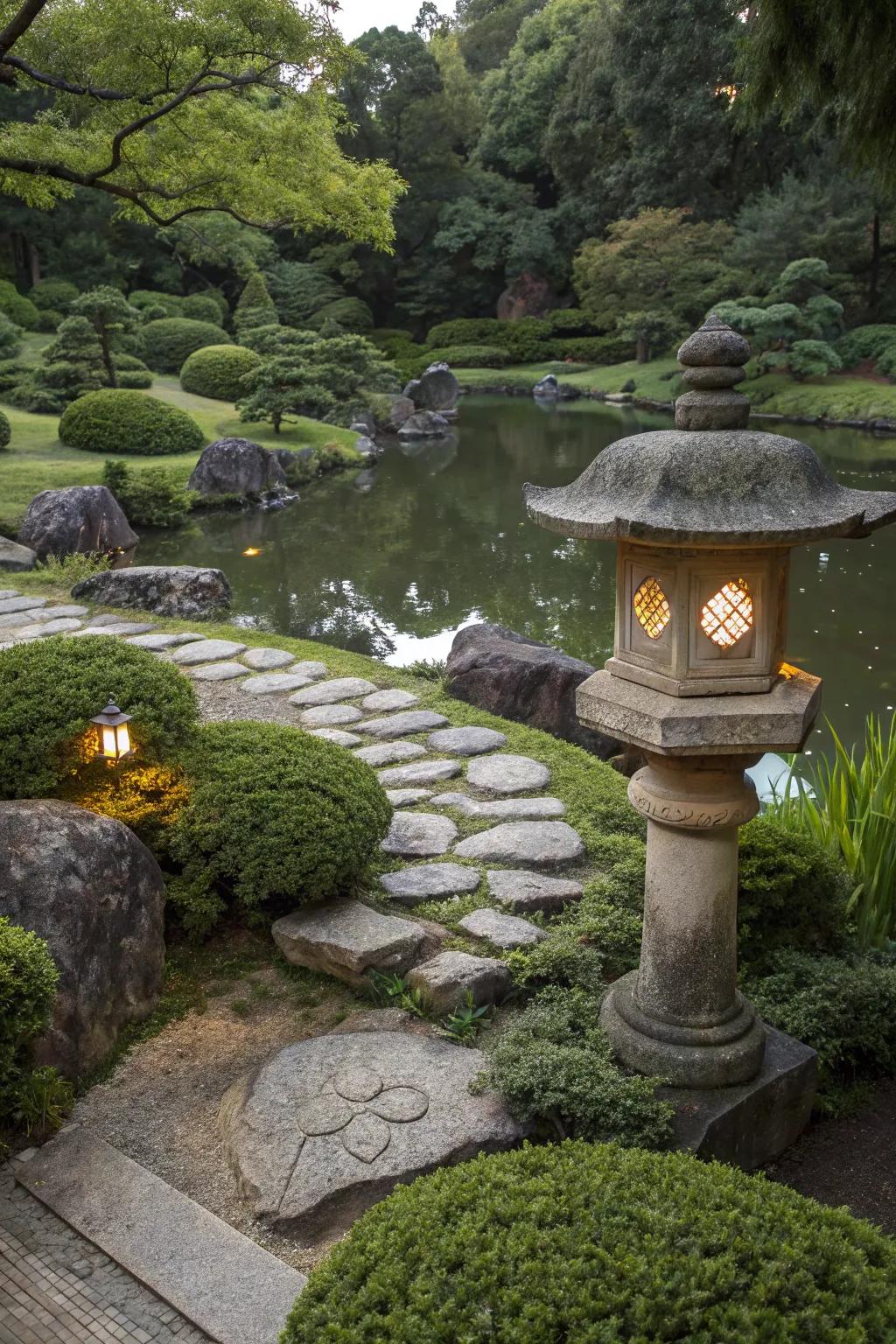 A traditional stone lamp amplifying the garden's charm.