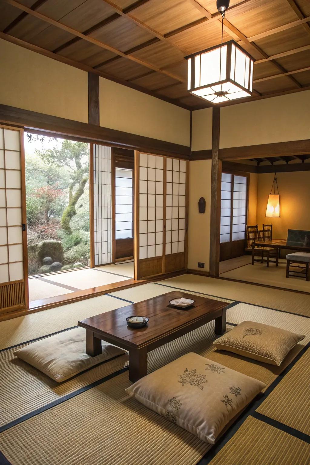 Low seating arrangements cultivate a comfortable and inviting atmosphere.