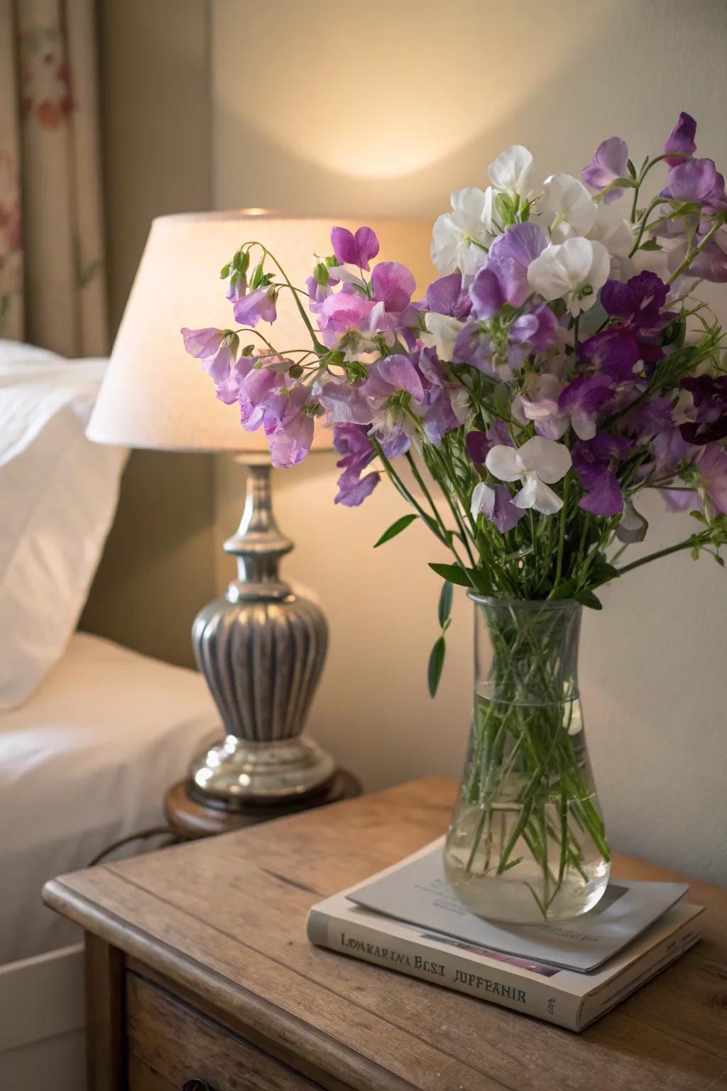 Sweet peas provide a delicate fragrance perfect for intimate spaces.