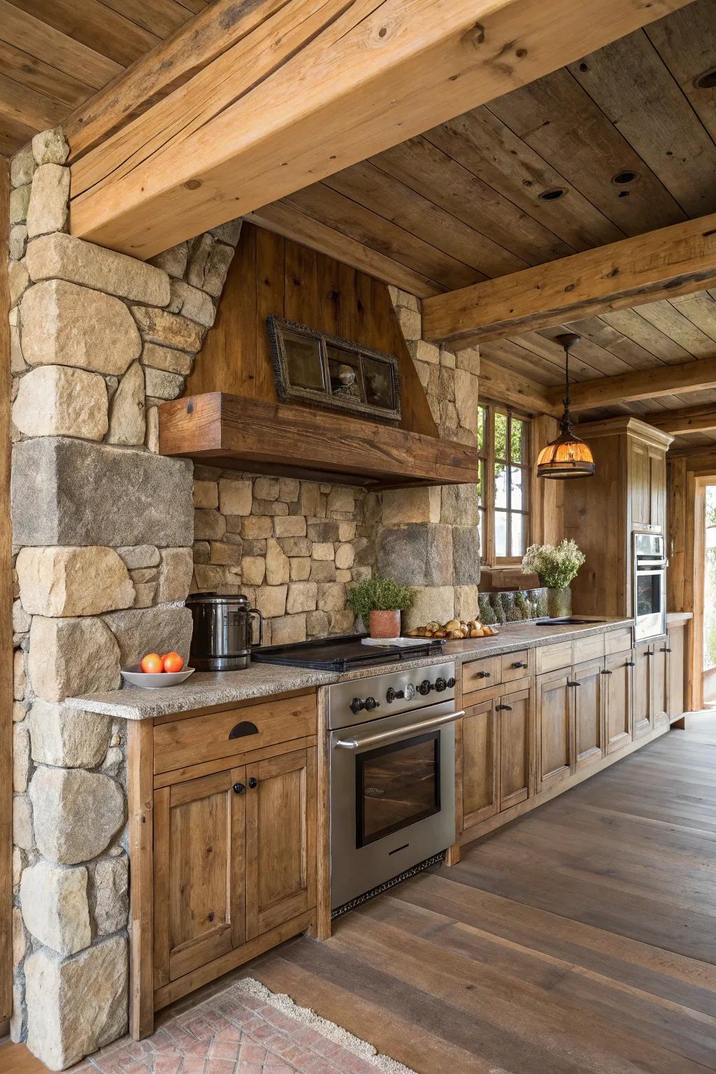 A kitchen bulkhead crafted from natural wood and stone, enhancing a rustic decor.