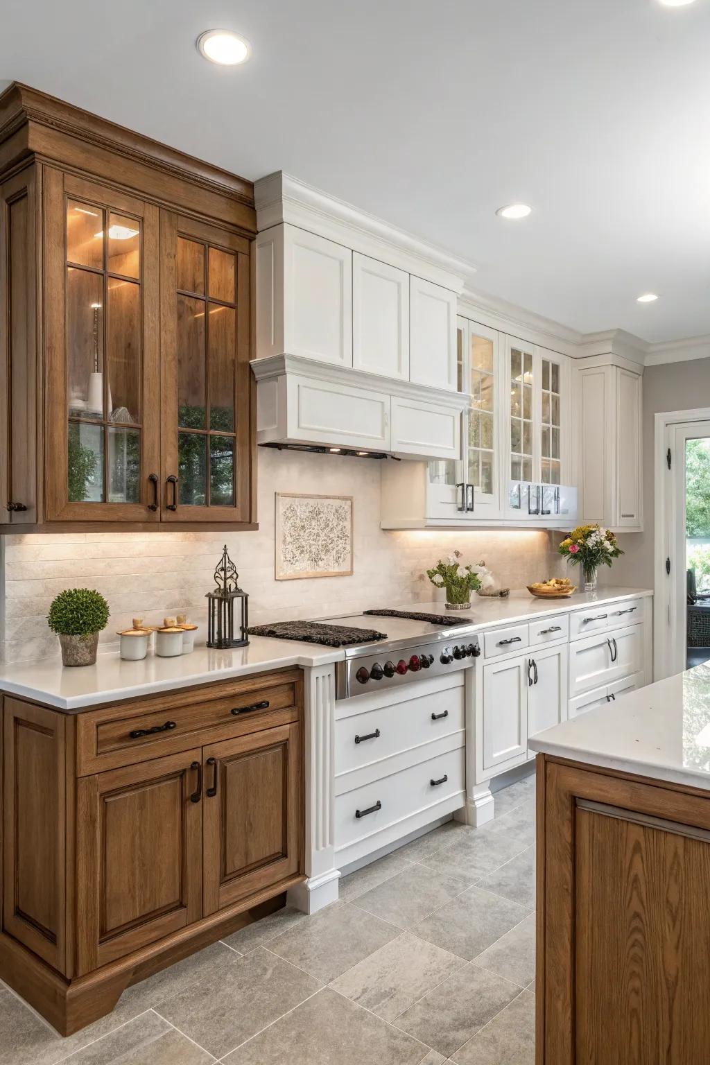 Mixing cabinet styles creates a visually engaging kitchen.