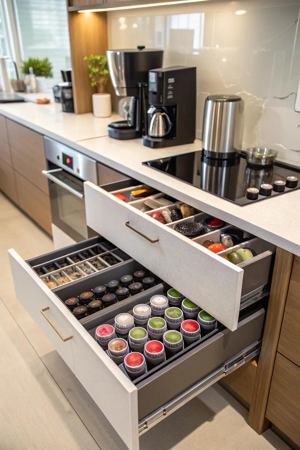Slide-out organizers meticulously designed for the ultimate arrangement of coffee accessories.