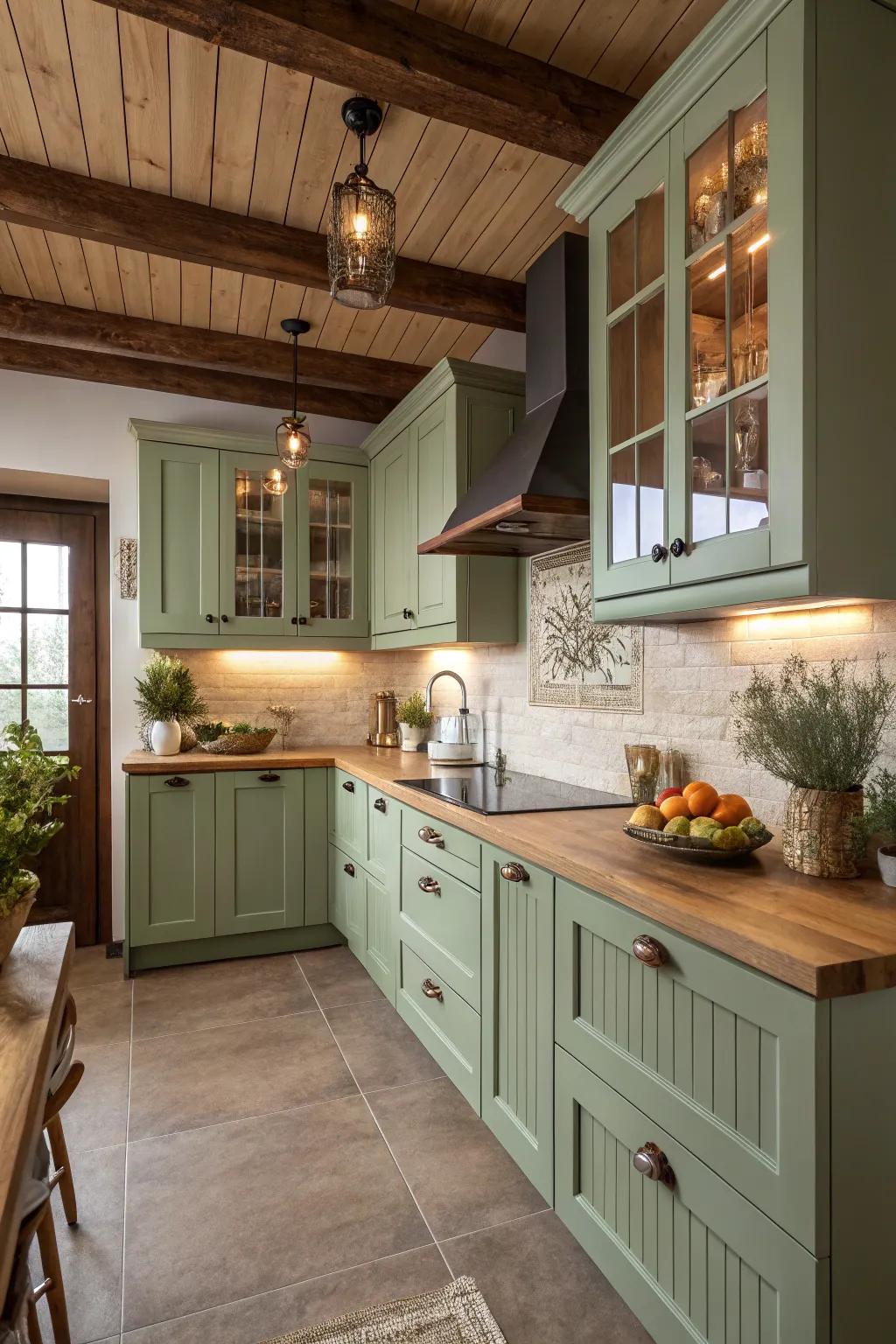 Sage green shades deliver a naturally soothing ambiance to the kitchen.