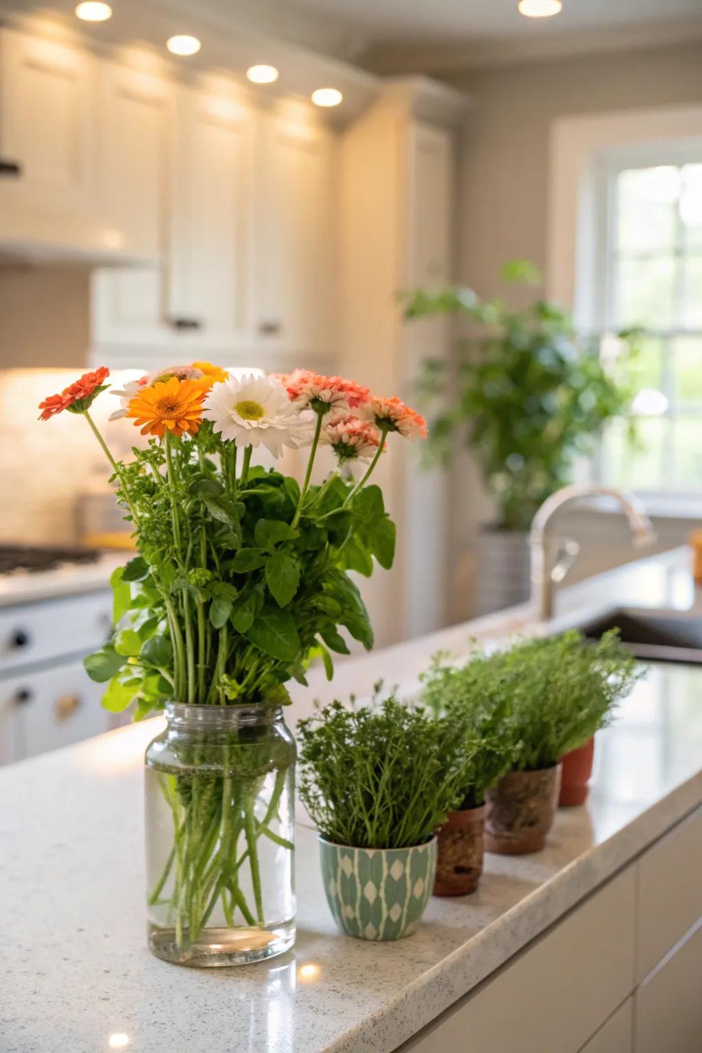 Vegetation and florals introduce vitality to the cooking area.