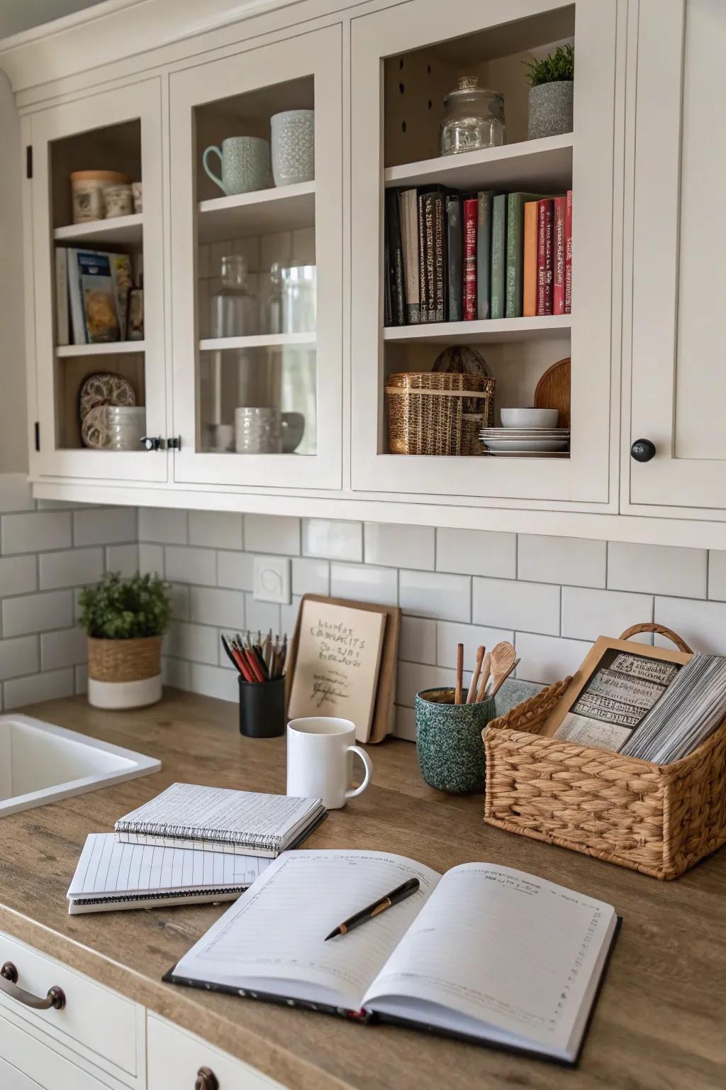 A kitchen desk featuring smart storage solutions with open shelves and organized cabinets.