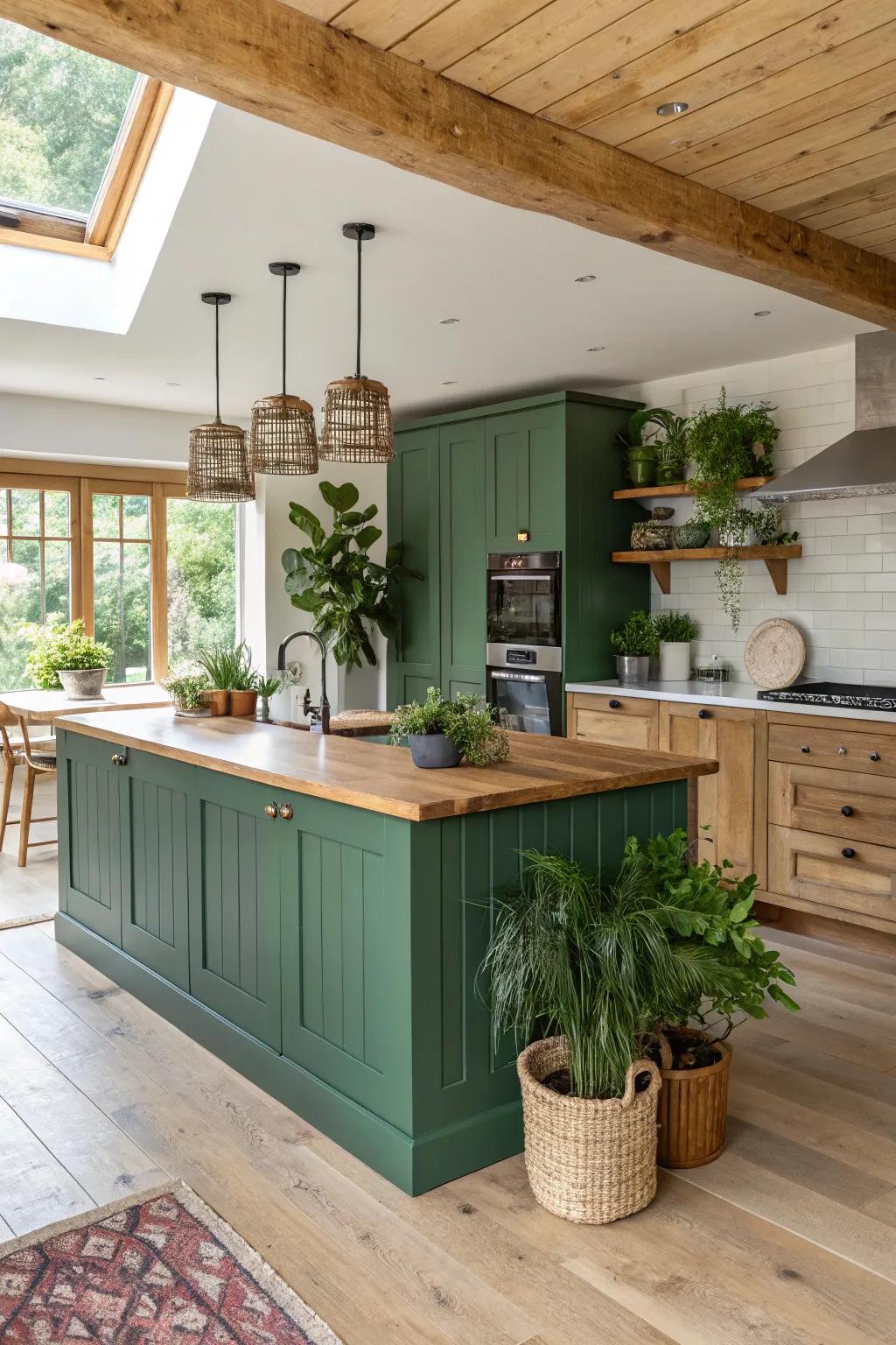 A woodland green kitchen island merges with organic elements, providing a comforting essence.