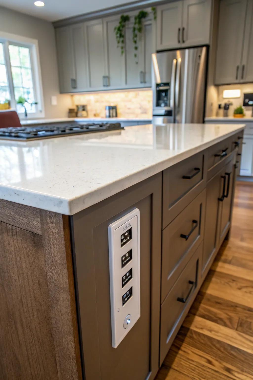 Side-mounted outlets provide convenient access for kitchen gadgets.