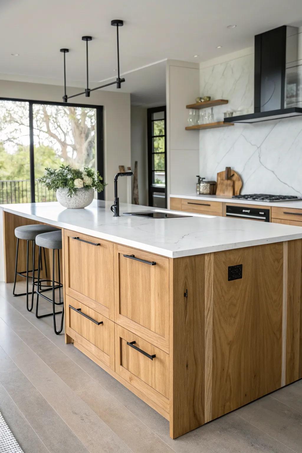 Elevate your kitchen with a stunning mix of marble and wood for a chic, natural look.