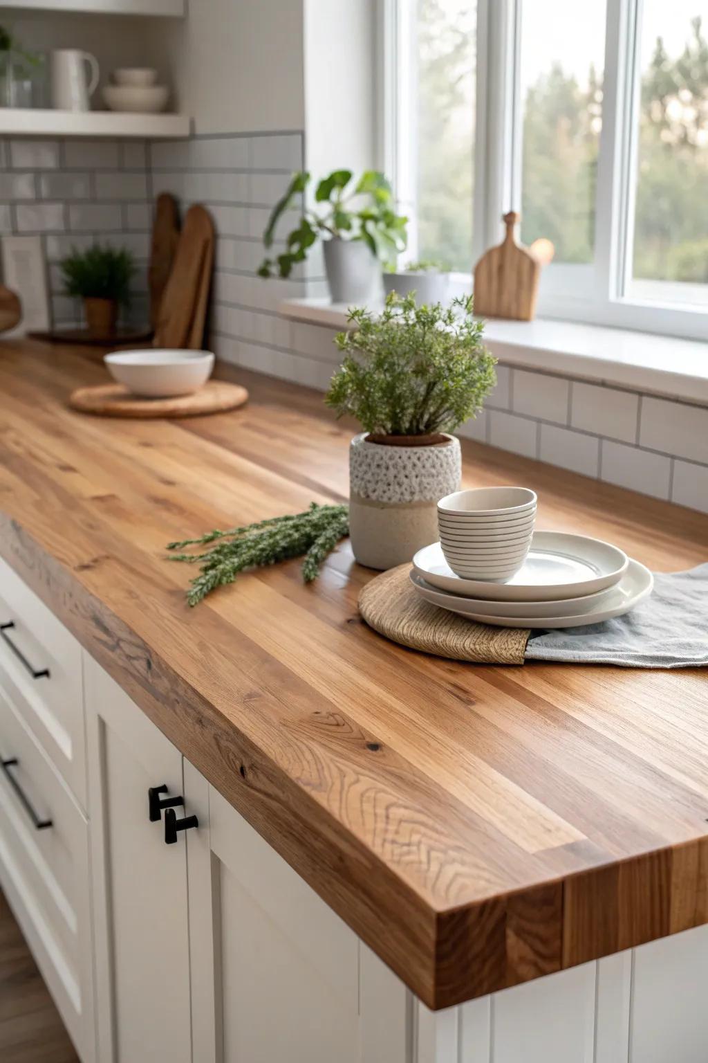 Transform your kitchen with the timeless charm of a butcher block countertop.