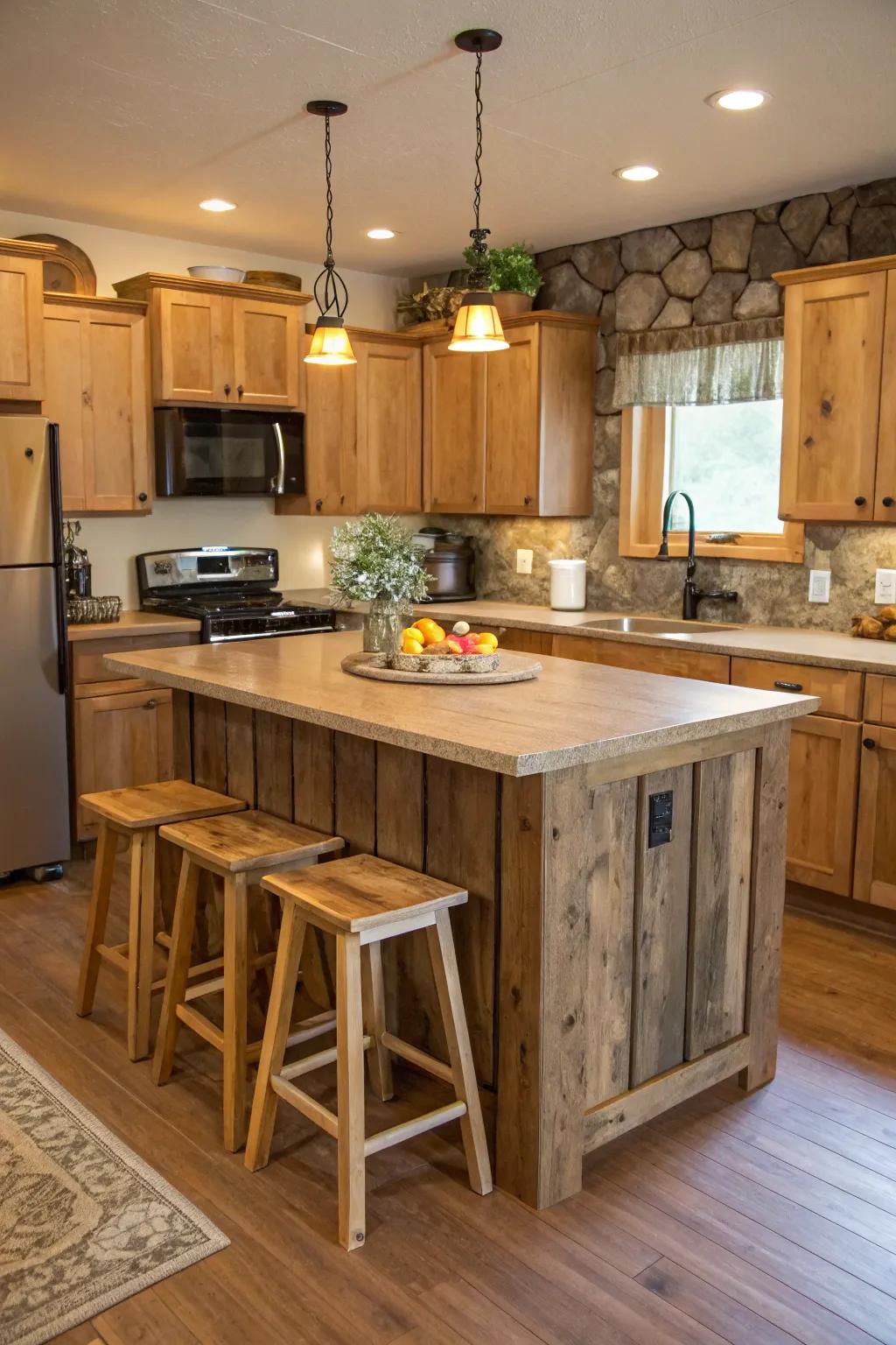 Rustic kitchen island with a charming natural wood finish.