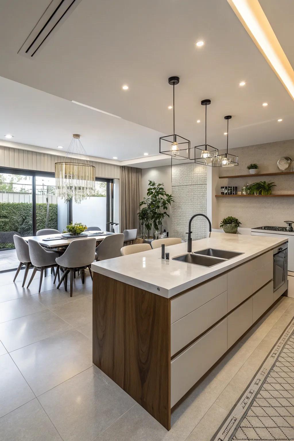 A dual-level kitchen island that blends cooking and dining seamlessly.
