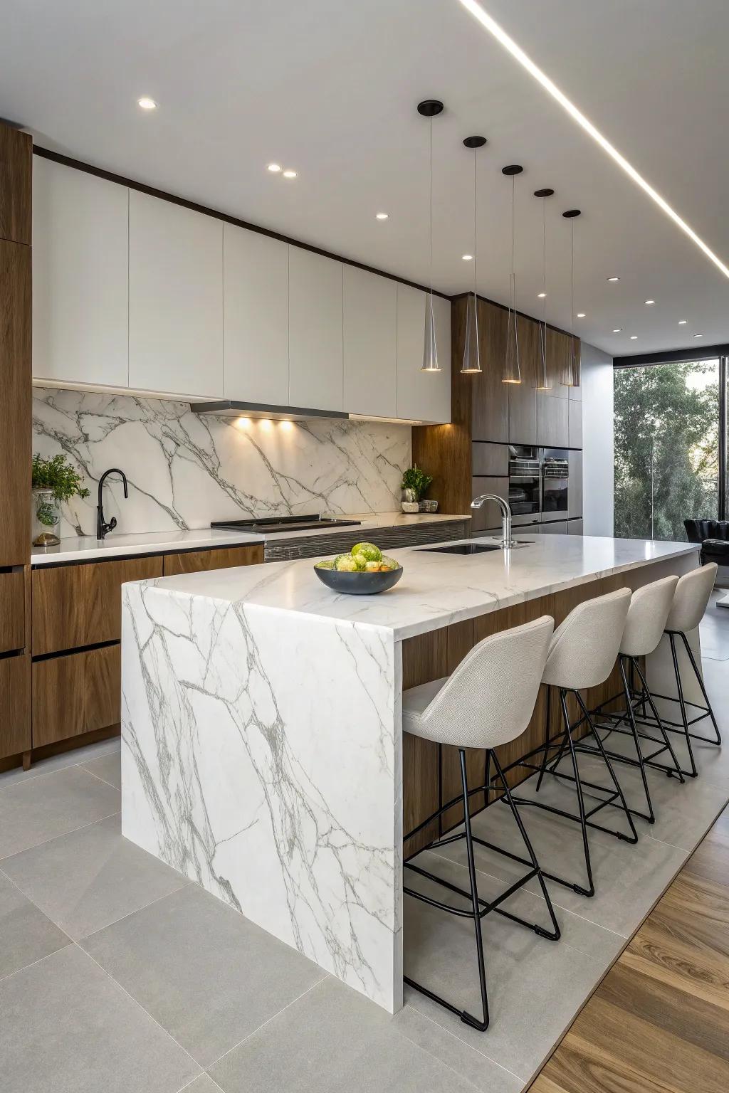 A waterfall edge peninsula delivering a seamless, elegant aesthetic.