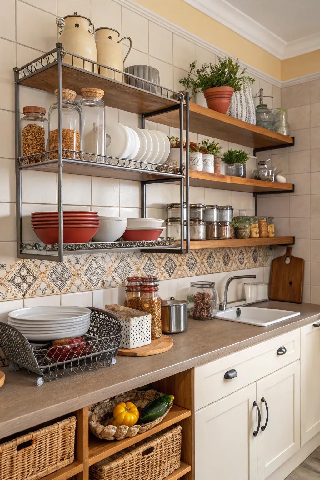 Practical storage solutions maintain an organized kitchen while adding a touch of character.