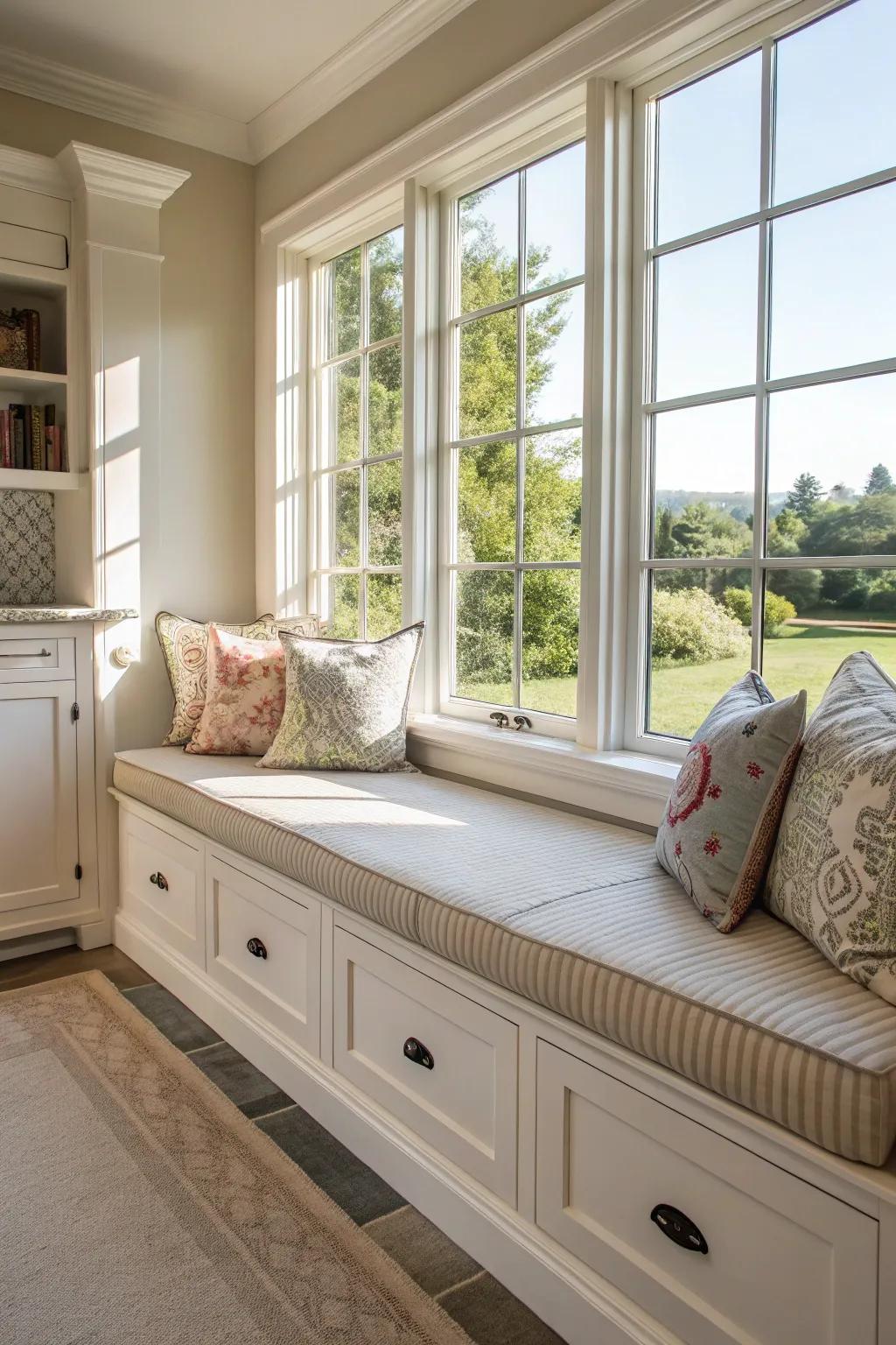 Window seats provide a sunny haven with extra storage.