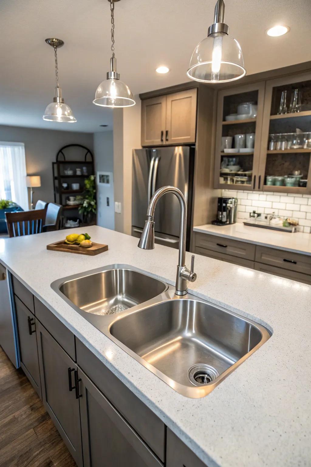 A functional kitchen featuring a double bowl sink for multitasking.