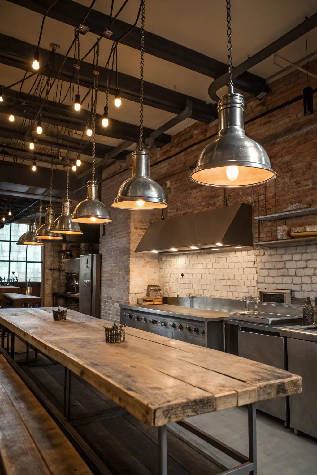 Metal fixtures bring an industrial edge to kitchen lighting.