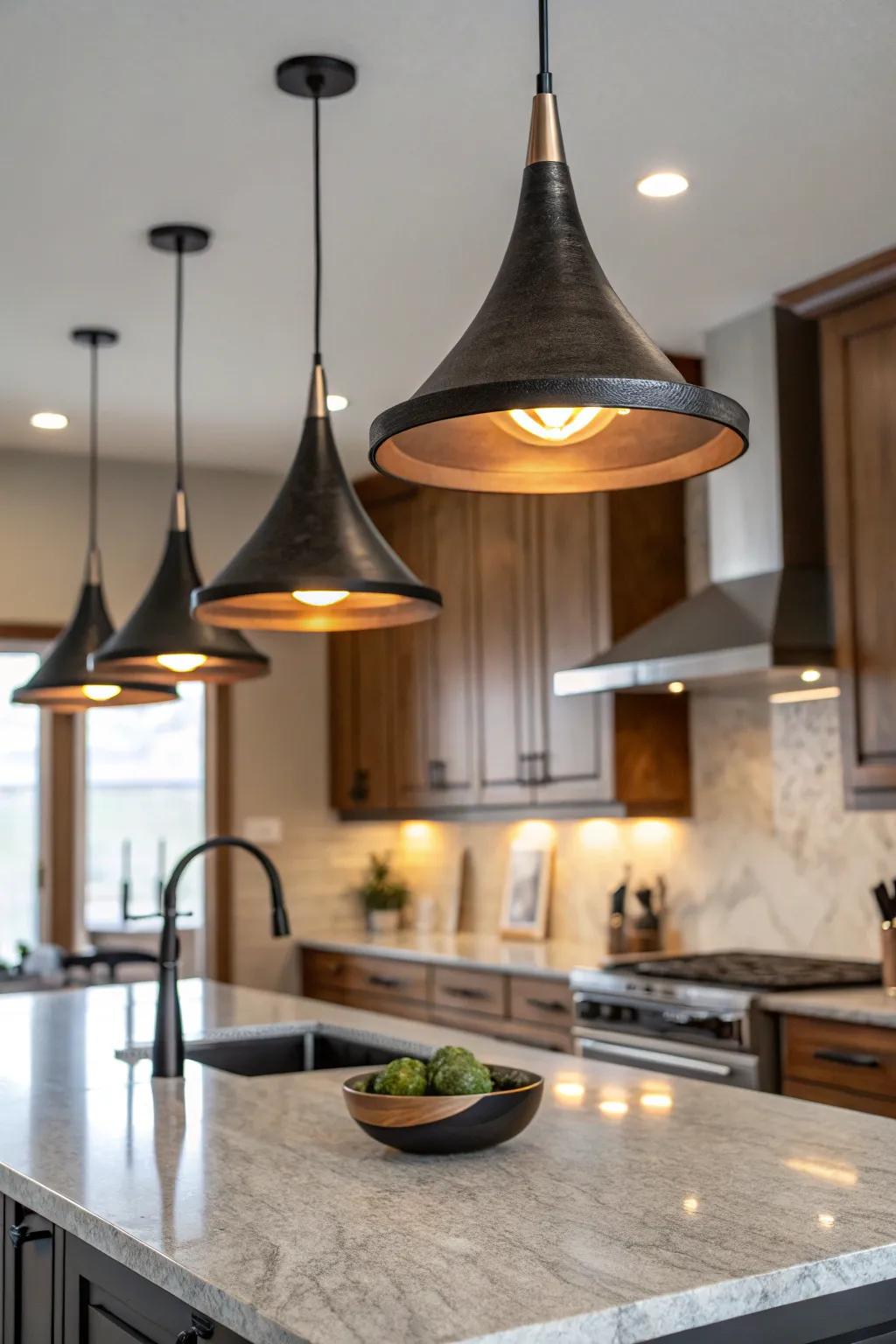 Hanging lighting enhances both the style and purpose of the kitchen.