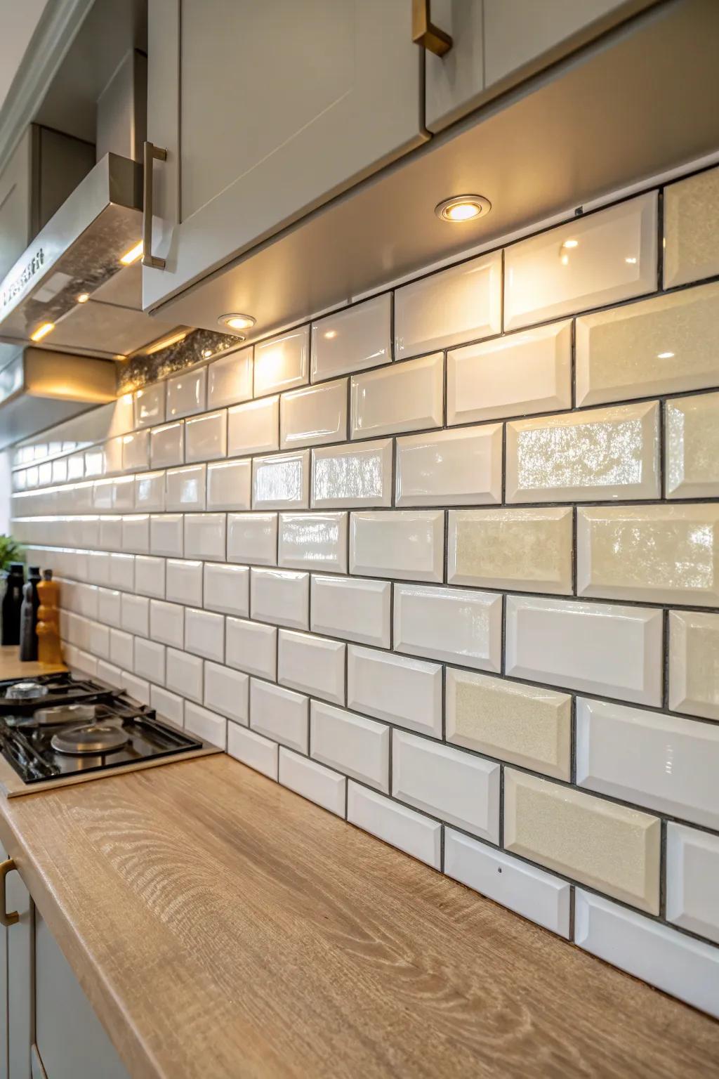Radiant and dull tiles generate a lively and textured kitchen wall.