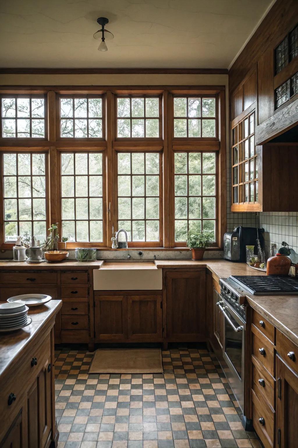 A traditional kitchen showcasing distinguished latticed windows.