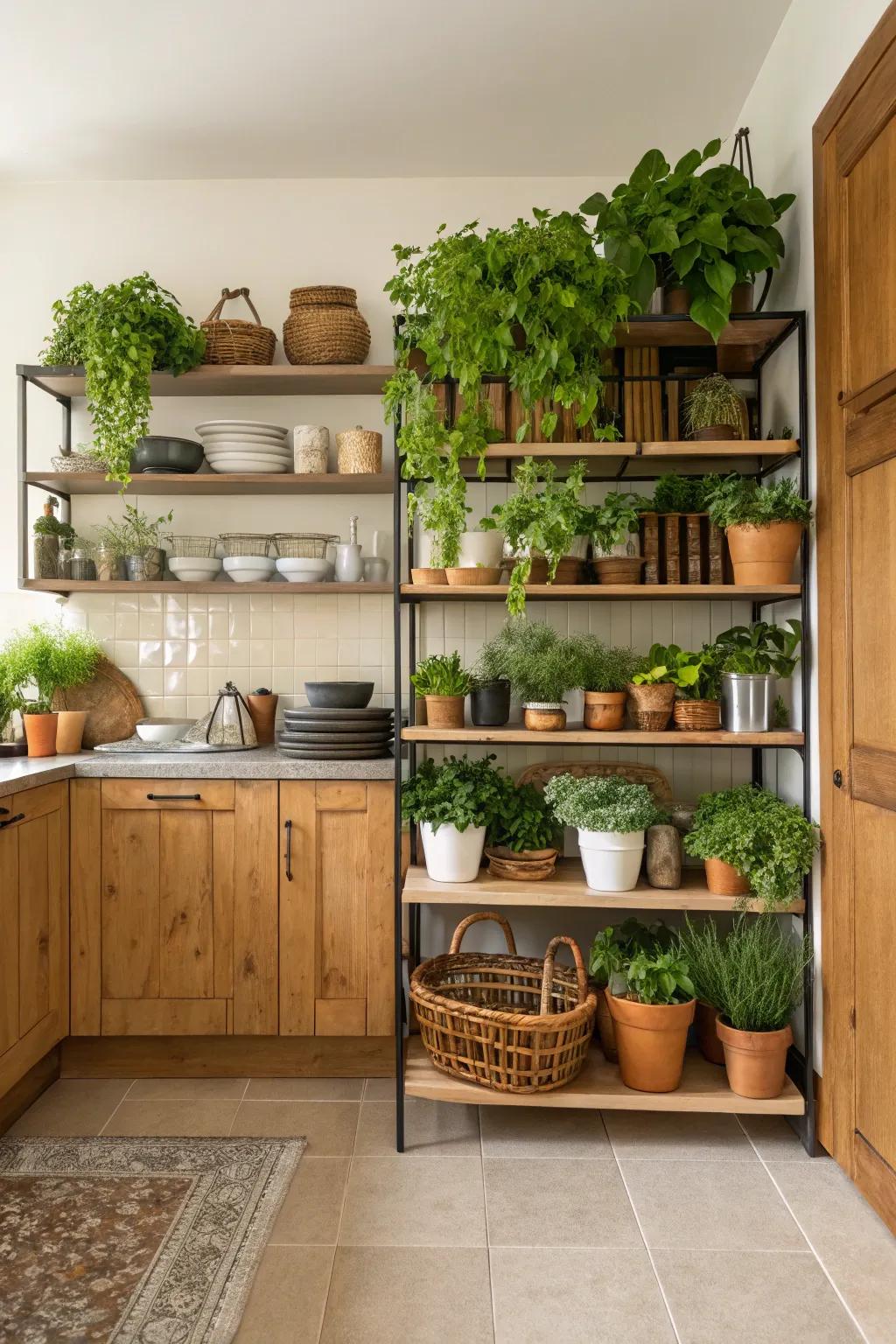 Mix greenery with your kitchen essentials using refined shelving.