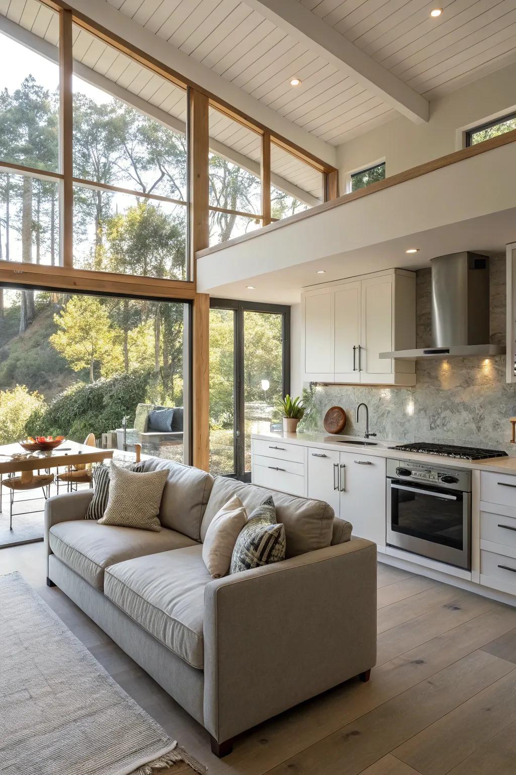 A bright kitchen with a sofa area, bathed in natural light from large windows.
